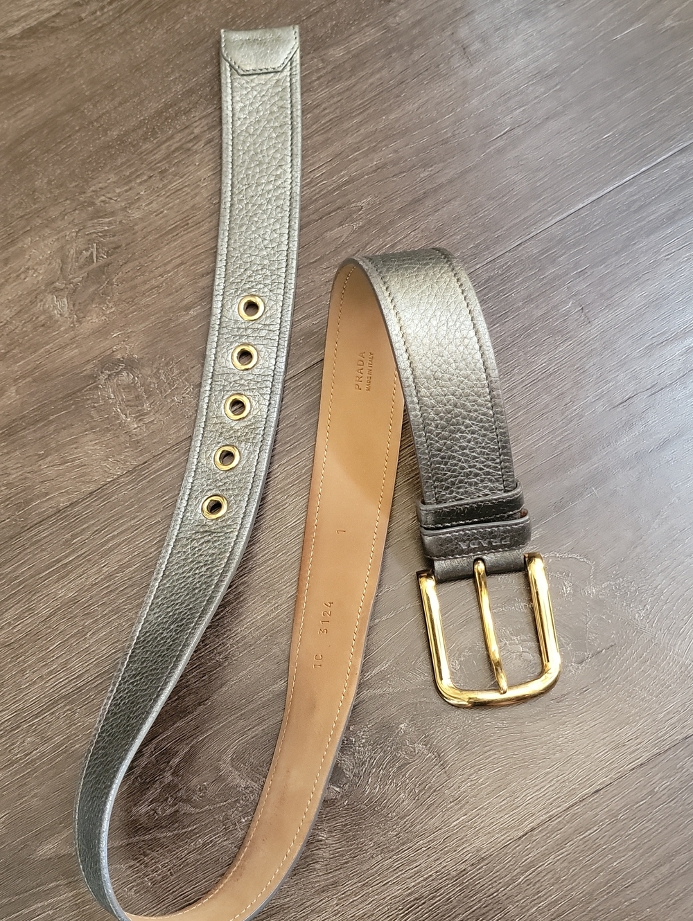 Prada Metallic Silver Leather Belt with Gold Buckle